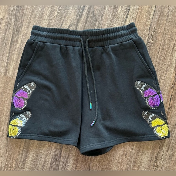 QUEEN OF SPARKLES Butterfly Shorts. Black with Purple/Gold Sequin Butterflies. M - Picture 1 of 16